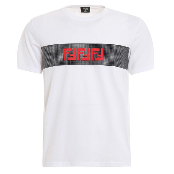 Fendi White Black Mesh Stripe Red FF Logo Short Sleeve Cotton T-Shirt Medium M - Picture 1 of 16